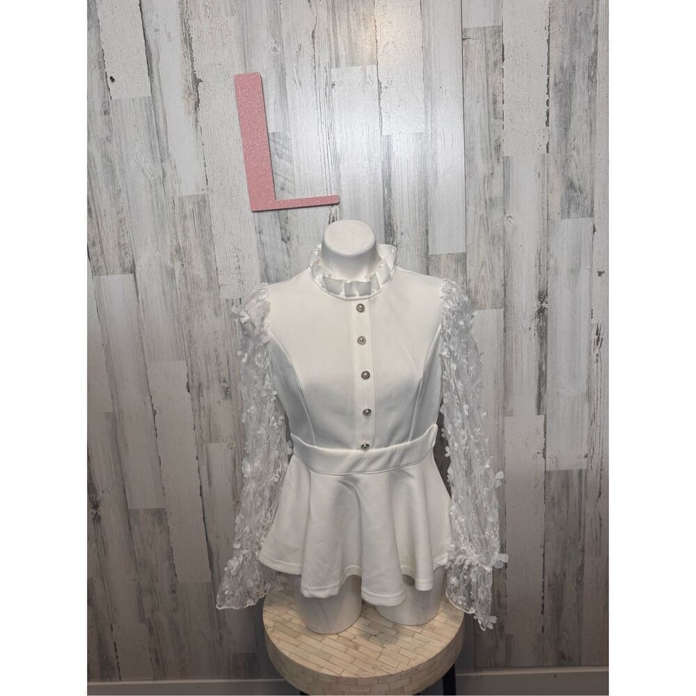 Womens Tops Floral Applique Ruffle Hem Frill Trim Top - Picture 1 of 7